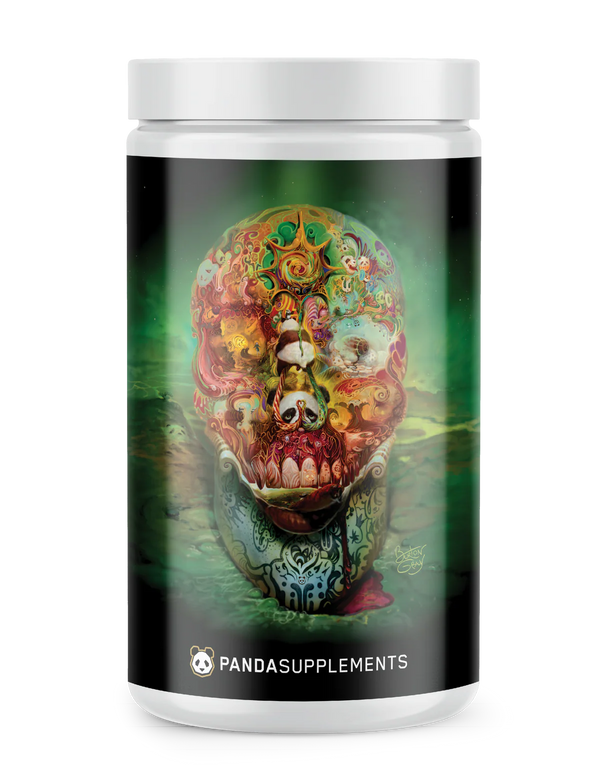 Supplement container with a colorful skull design on a white background