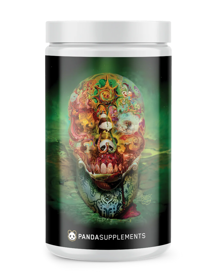 Supplement container with a colorful skull design on a white background
