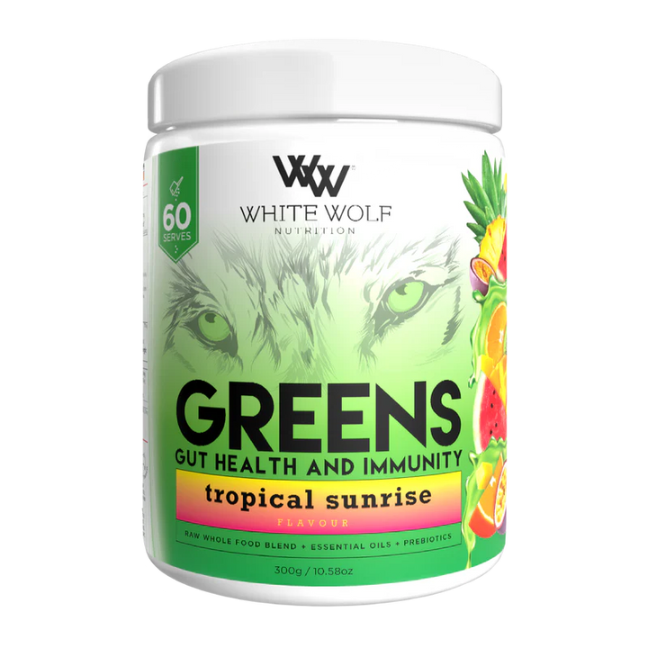 Container of White Wolf Greens Gut Health and Immunity supplement with a green and white color scheme and an image of a wolf's face.