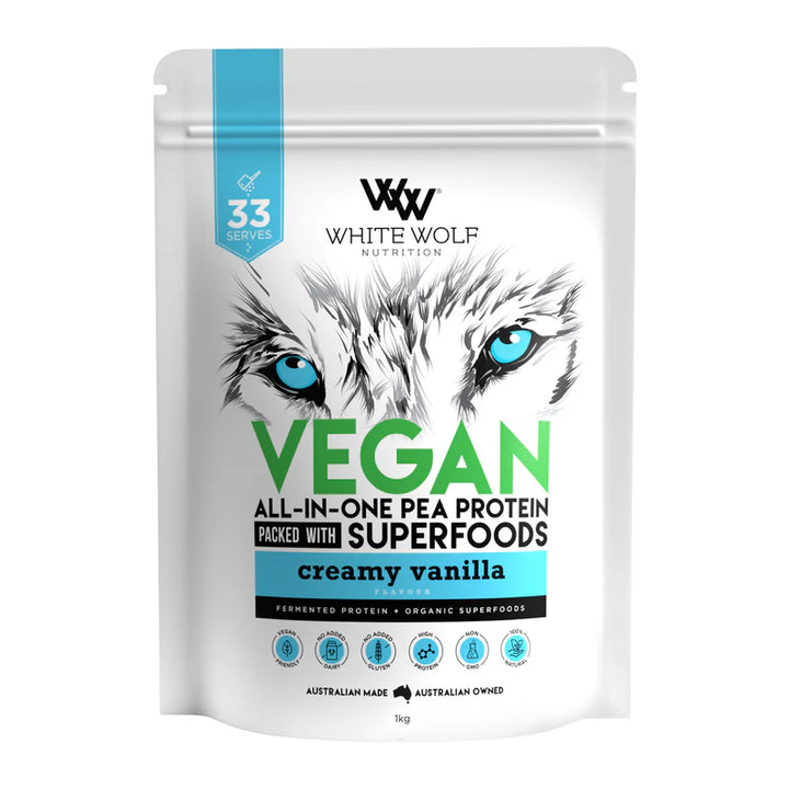 A package of White Wolf Vegan All-In-One Pea Protein in creamy vanilla flavor, highlighting organic superfoods such as blueberry, raspberry, and acai.