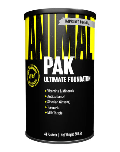 Animal Pak multivitamin canister with black and yellow design showing improved formula and ultimate foundation support