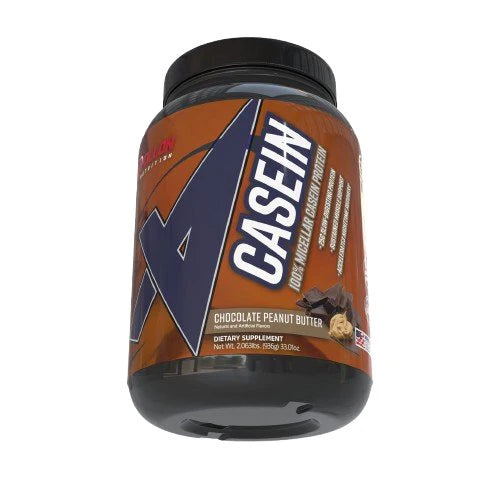 A container of Apollon Nutrition Casein in chocolate peanut butter flavor.