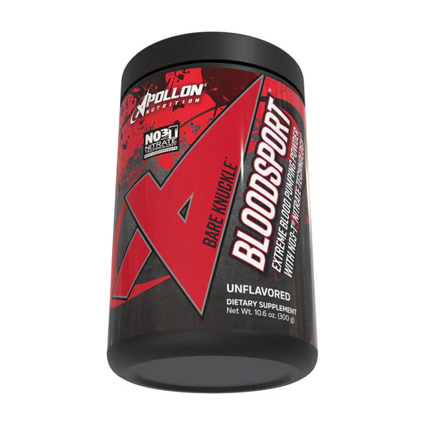 A container of Bloodsport Extreme Blood Pumping Powder with Nitrates, unflavored, with red and black labeling.
