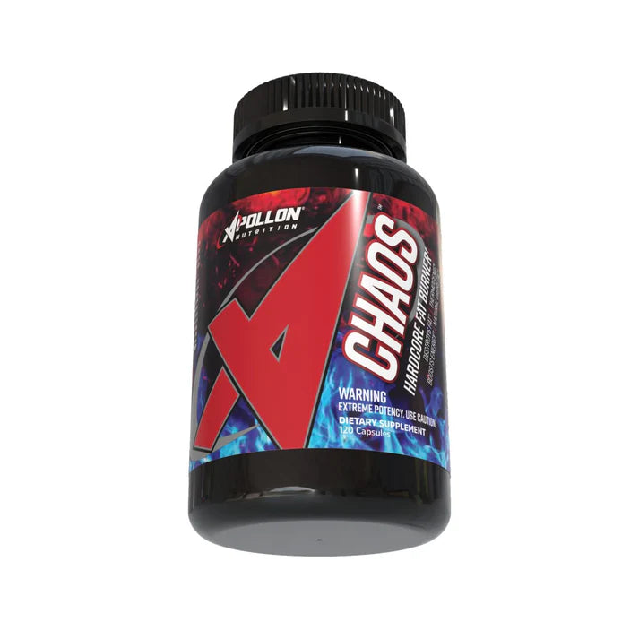 A black bottle of Apollon Nutrition Chaos fat burner capsules with a red and blue label, showing product branding