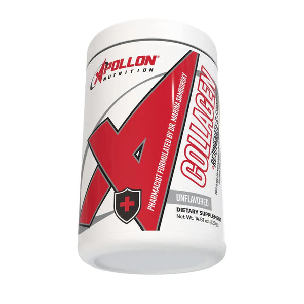 A container of Apollon Collagen dietary supplement with red and white branding, indicating it is a product for skin, hair, and nails health.
