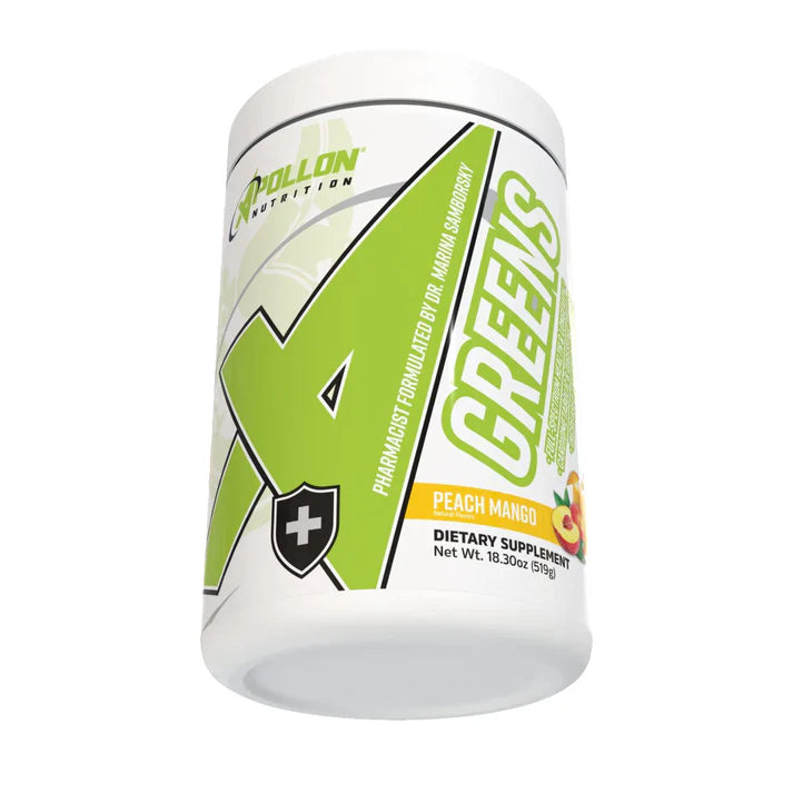 A container of Apollon Greens dietary supplement with a green and white label, indicating peach mango flavor.