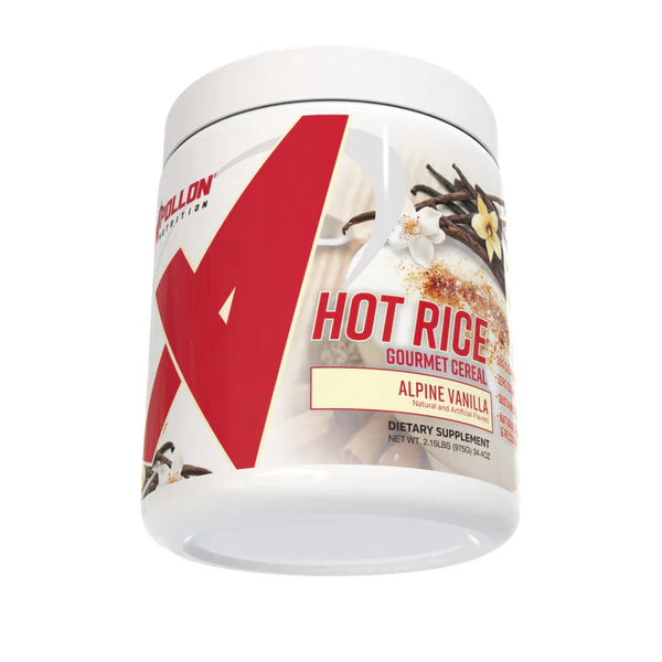 A container of Hot Rice Gourmet Cereal in Alpine Vanilla flavor, labeled as a dietary supplement.