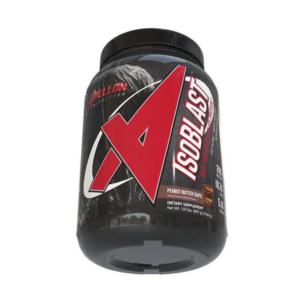 A container of Isoblast 100% Pure Whey Isolate Protein with a black and red label, brand logo, and the words 'peanut butter cup' as a flavor hint.