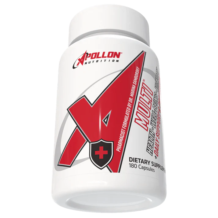 A white bottle of Apollon Nutrition Multi multivitamin with a red and black label, showing the 180 capsule size and product branding.