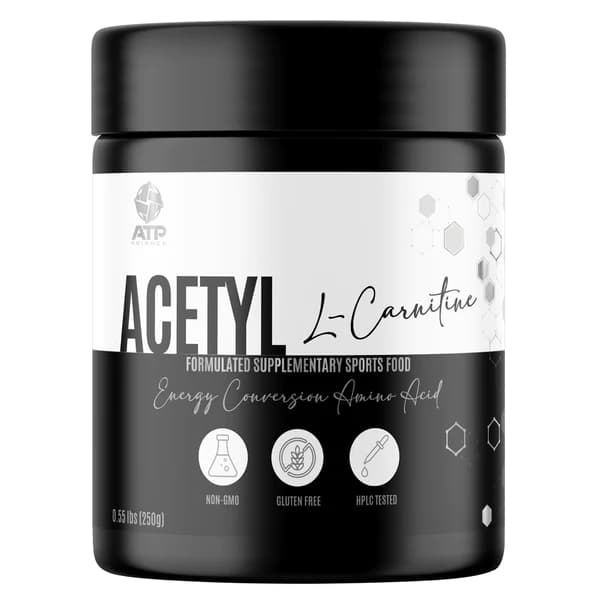Front view of an ATP Science Acetyl L-Carnitine 250g tub with black and white label and supplement branding.