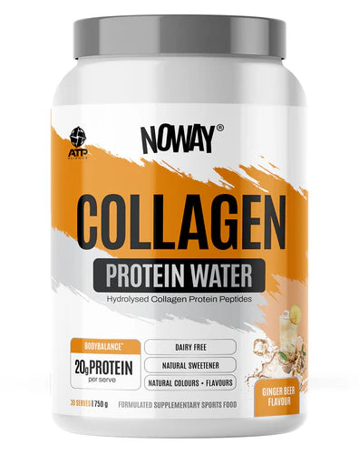 A container of NoWay Collagen Protein Water by ATP Science with a white and orange label, indicating it is a product that provides 20g of protein per serve and is dairy-free, gluten-free, and contains natural sweeteners.