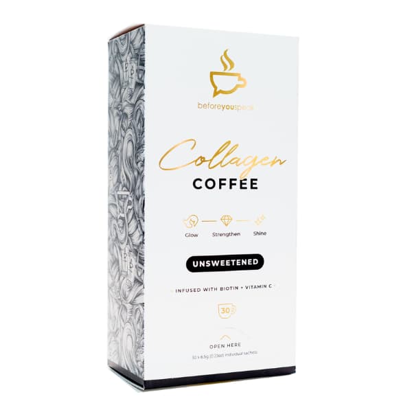 A box of BYS Collagen Coffee with a graphic design in black and white with a touch of gold color.