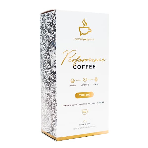 Front angled view of a Before You Speak Performance Coffee The OG box showing 30 sachets and elegant patterned packaging