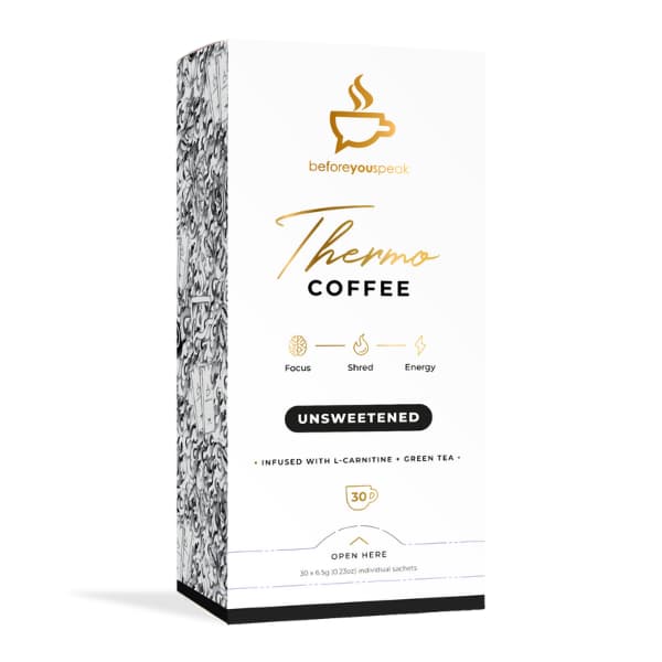 Packaging of BYS THERMO COFFEE with branding and product information, indicating that it is unsweetened and infused with L-theanine and green tea.