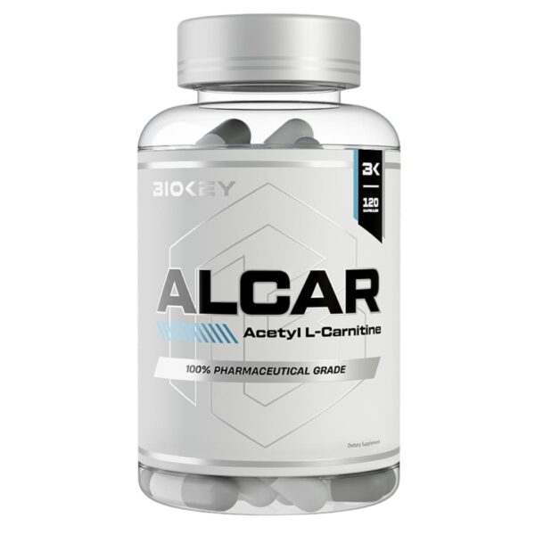Front view of a Biokey ALCAR Acetyl L-Carnitine supplement bottle showing label and white capsules inside.