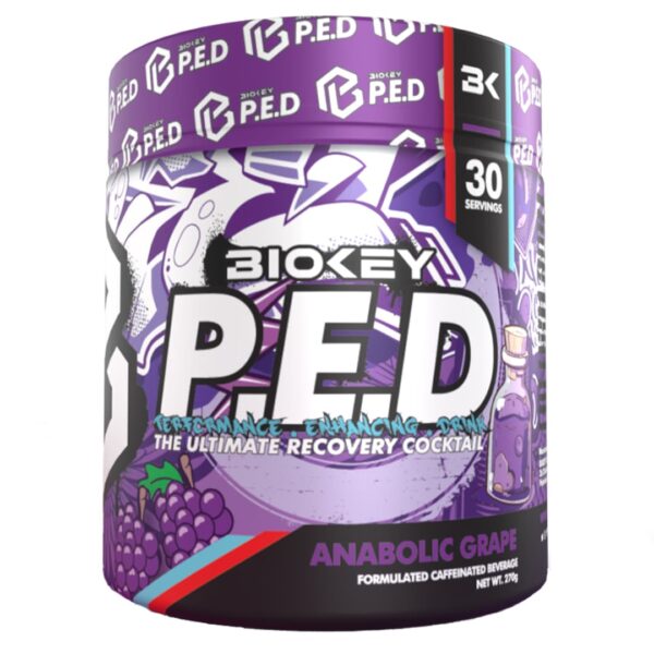 Purple tub of Biokey P.E.D 30 servings showing front label with product name and anabolic grape design