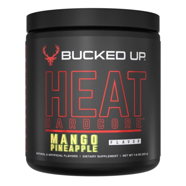 Container of Bucked Up HEAT Hardcore fat burner supplement in Mango Pineapple flavor