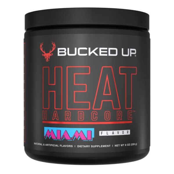 Container of Bucked Up HEAT Hardcore fat burner supplement in miami flavor