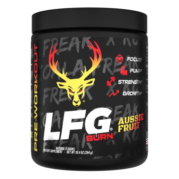 A container of Bucked Up LFG Burn pre workout supplement with a black background featuring the product name in gold and red letters, along with a silhouette of a deer head.