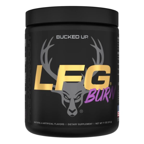A container of Bucked Up LFG Burn pre workout supplement with a black background featuring the product name in gold and red letters, along with a silhouette of a deer head.
