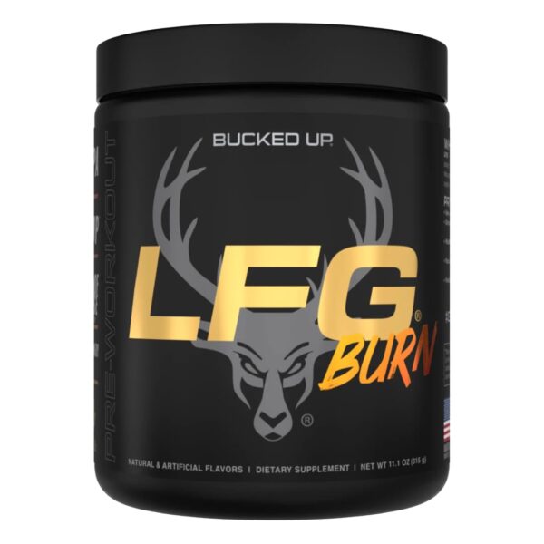 A container of Bucked Up LFG Burn pre workout supplement with a black background featuring the product name in gold and red letters, along with a silhouette of a deer head.