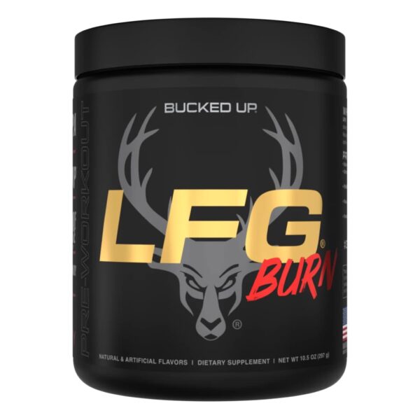 A container of Bucked Up LFG Burn pre workout supplement with a black background featuring the product name in gold and red letters, along with a silhouette of a deer head.