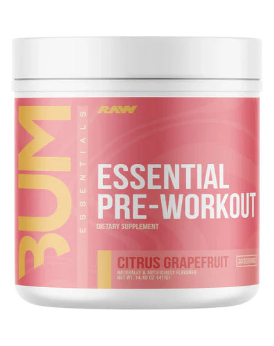 A container of Essential Energy Powder with the label 'CBUM ESSENTIAL PRE-WORKOUT '.