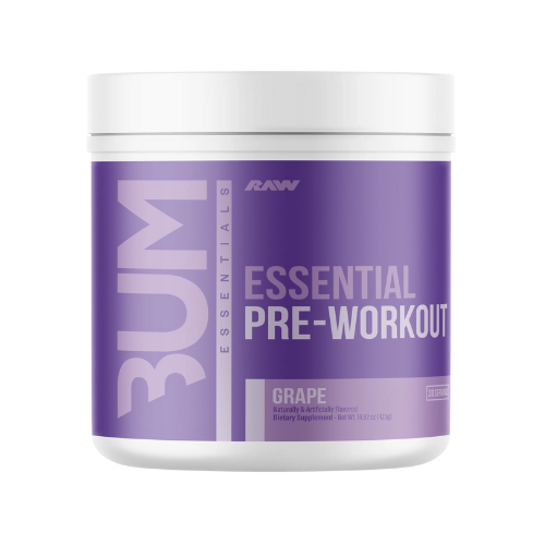 A container of Essential Energy Powder with the label 'CBUM ESSENTIAL PRE-WORKOUT'.