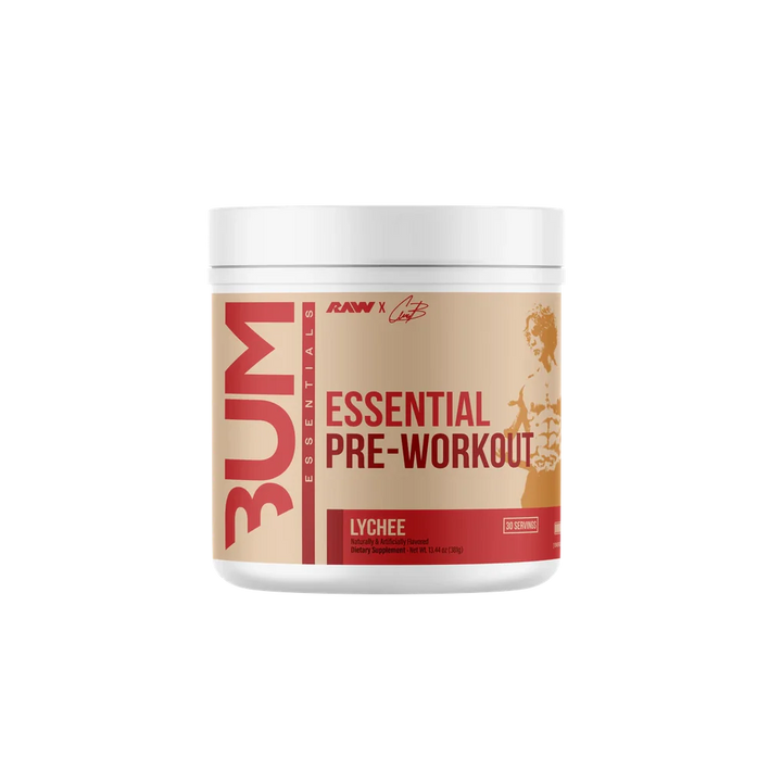 A container of Essential Energy Powder with the label 'CBUM ESSENTIAL PRE-WORKOUT LYCHEE'.