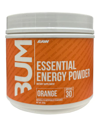 A container of Essential Energy Powder with the label 'CBUM ESSENTIAL PRE-WORKOUT'.