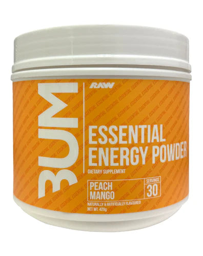 A container of Essential Energy Powder with the label 'CBUM ESSENTIAL PRE-WORKOUT'.