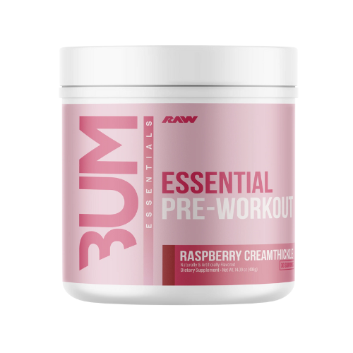 A container of Essential Energy Powder with the label 'CBUM ESSENTIAL PRE-WORKOUT'.
