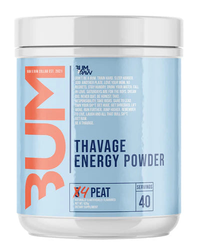 Container of energy powder with blue label and white cap