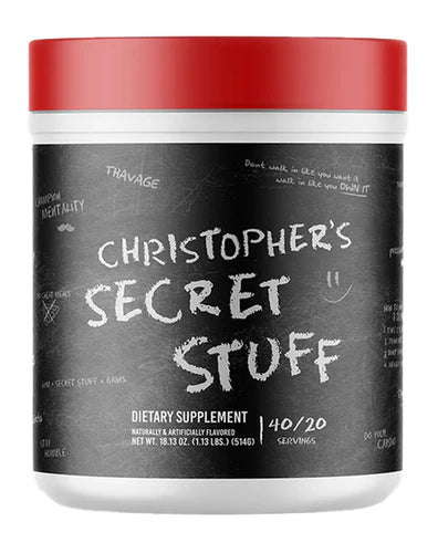 Dietary supplement container with black label and red lid.