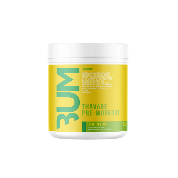 A container of Thavage Pre-Workout supplement with a label featuring a red and white design and the text 'THAVAGE PRE-WORKOUT' prominently displayed.