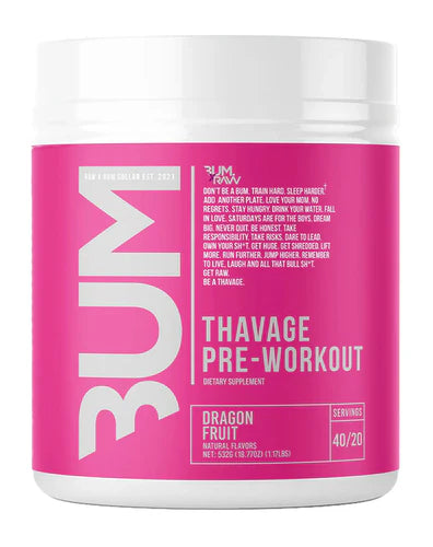 A container of Thavage Pre-Workout supplement with a label featuring a red and white design and the text 'THAVAGE PRE-WORKOUT' prominently displayed.