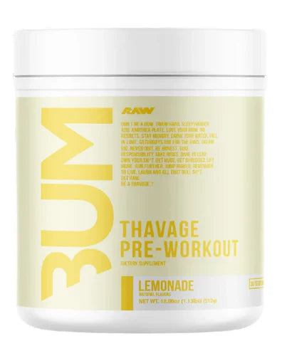 A container of Thavage Pre-Workout supplement with a label featuring a red and white design and the text 'THAVAGE PRE-WORKOUT' prominently displayed.
