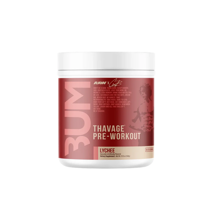 A container of Thavage Pre-Workout supplement with a label featuring a red and white design and the text 'THAVAGE PRE-WORKOUT' prominently displayed.