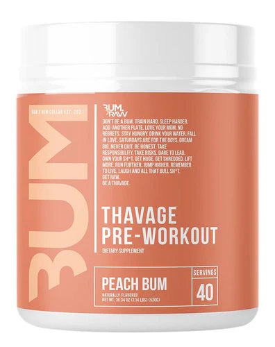 Pre-workout supplement container with peach label.