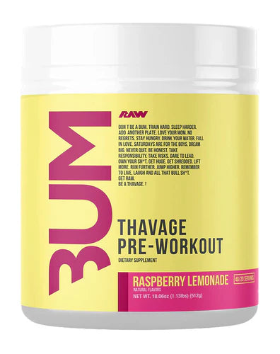 A container of Thavage Pre-Workout supplement with a label featuring a red and white design and the text 'THAVAGE PRE-WORKOUT' prominently displayed.