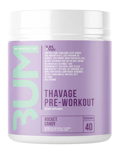 A container of Thavage Pre-Workout supplement with a label featuring a red and white design and the text 'THAVAGE PRE-WORKOUT' prominently displayed.