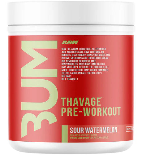 A container of Thavage Pre-Workout supplement with a label featuring a red and white design and the text 'THAVAGE PRE-WORKOUT' prominently displayed.