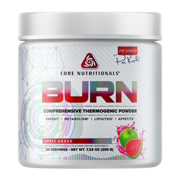 A container of Core Nutritionals Core BURN comprehensive thermogenic powder in apple guava flavor.