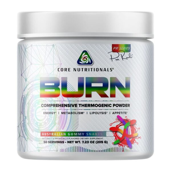 Front view of Core Nutritionals Burn thermogenic fat burner 205g tub in with clean white label design.