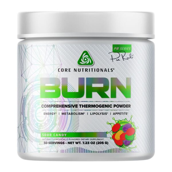 Front view of Core Nutritionals Burn thermogenic fat burner 205g tub in with clean white label design.