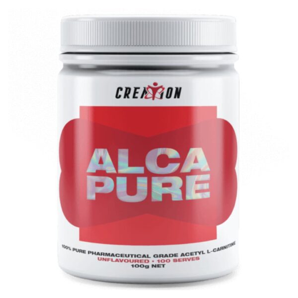 Front view of Creation Supplements ALCAPure Acetyl L-Carnitine 100g unflavoured tub with red label design.