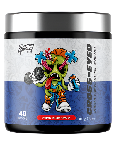 A container of CROSS-EYED Extreme Pre-Workout supplement with a colorful label featuring a cartoon character.