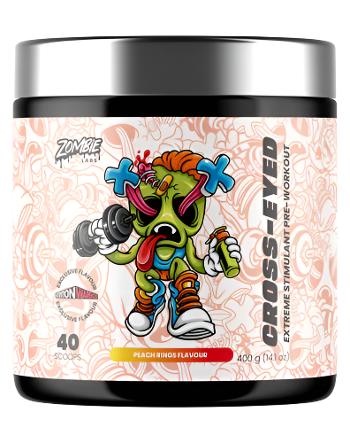 A container of CROSS-EYED Extreme Pre-Workout supplement with a colorful label featuring a cartoon character.
