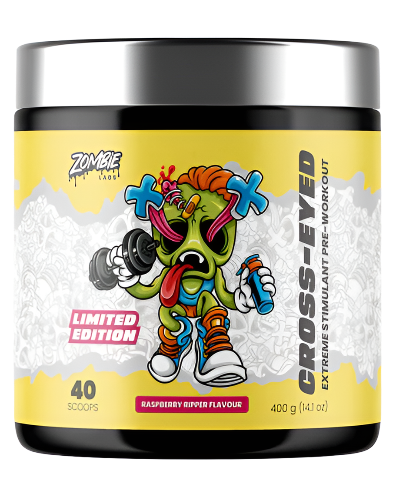 A container of CROSS-EYED Extreme Pre-Workout supplement with a colorful label featuring a cartoon character.