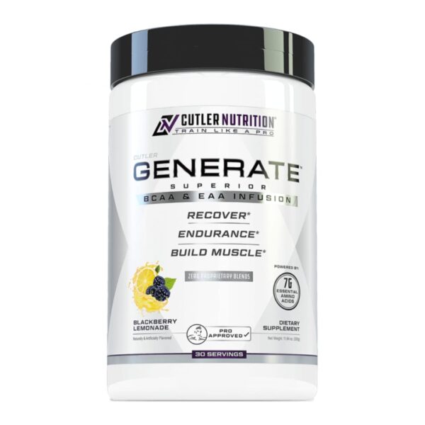 A container of Cutler Nutrition Generate supplement, blackberry flavor, with the brand and product name displayed on the label.